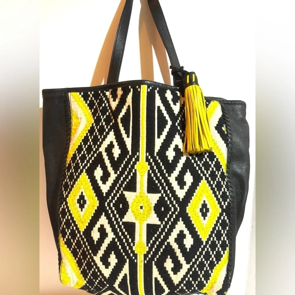 Rebecca Mankoff Black woven canvas leather and Yellow Patterned Tote Bag